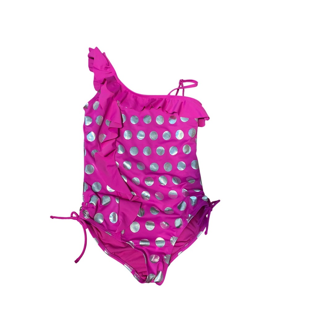 Justice One Piece Swimsuit Kids Size 14 Pink Silver Metallic Polka Dot Ruffle‎